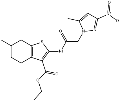 ethyl 2-[({3-nitro-5-methyl-1H-pyrazol-1-yl}acetyl)amino]-6-methyl-4,5,6,7-tetrahydro-1-benzothiophene-3-carboxylate Struktur