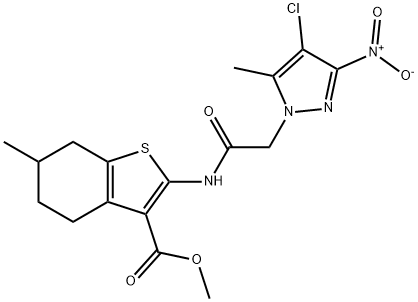 methyl 2-[({4-chloro-3-nitro-5-methyl-1H-pyrazol-1-yl}acetyl)amino]-6-methyl-4,5,6,7-tetrahydro-1-benzothiophene-3-carboxylate Struktur