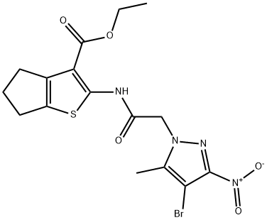 ethyl 2-[({4-bromo-3-nitro-5-methyl-1H-pyrazol-1-yl}acetyl)amino]-5,6-dihydro-4H-cyclopenta[b]thiophene-3-carboxylate 化学構造式