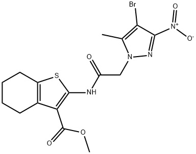methyl 2-[({4-bromo-3-nitro-5-methyl-1H-pyrazol-1-yl}acetyl)amino]-4,5,6,7-tetrahydro-1-benzothiophene-3-carboxylate 化学構造式