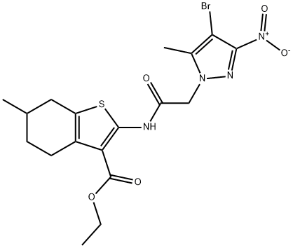 ethyl 2-[({4-bromo-3-nitro-5-methyl-1H-pyrazol-1-yl}acetyl)amino]-6-methyl-4,5,6,7-tetrahydro-1-benzothiophene-3-carboxylate Structure