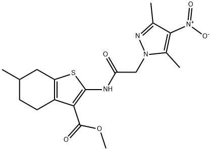 methyl 2-[({4-nitro-3,5-dimethyl-1H-pyrazol-1-yl}acetyl)amino]-6-methyl-4,5,6,7-tetrahydro-1-benzothiophene-3-carboxylate Structure