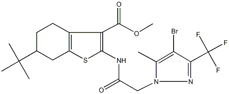 methyl 2-({[4-bromo-5-methyl-3-(trifluoromethyl)-1H-pyrazol-1-yl]acetyl}amino)-6-tert-butyl-4,5,6,7-tetrahydro-1-benzothiophene-3-carboxylate Struktur