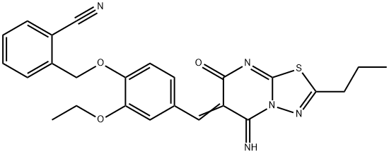 2-({2-ethoxy-4-[(5-imino-7-oxo-2-propyl-5H-[1,3,4]thiadiazolo[3,2-a]pyrimidin-6(7H)-ylidene)methyl]phenoxy}methyl)benzonitrile Structure