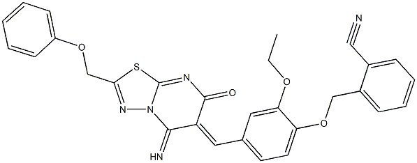 2-({2-ethoxy-4-[(5-imino-7-oxo-2-(phenoxymethyl)-5H-[1,3,4]thiadiazolo[3,2-a]pyrimidin-6(7H)-ylidene)methyl]phenoxy}methyl)benzonitrile 结构式