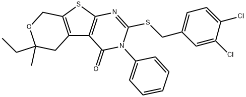 2-[(3,4-dichlorobenzyl)sulfanyl]-6-ethyl-6-methyl-3-phenyl-3,5,6,8-tetrahydro-4H-pyrano[4',3':4,5]thieno[2,3-d]pyrimidin-4-one Struktur