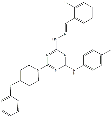 2-fluorobenzaldehyde [4-(4-benzylpiperidin-1-yl)-6-(4-toluidino)-1,3,5-triazin-2-yl]hydrazone Struktur