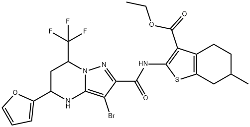 ethyl 2-({[3-bromo-5-(2-furyl)-7-(trifluoromethyl)-4,5,6,7-tetrahydropyrazolo[1,5-a]pyrimidin-2-yl]carbonyl}amino)-6-methyl-4,5,6,7-tetrahydro-1-benzothiophene-3-carboxylate 化学構造式