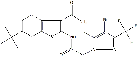 2-({[4-bromo-5-methyl-3-(trifluoromethyl)-1H-pyrazol-1-yl]acetyl}amino)-6-tert-butyl-4,5,6,7-tetrahydro-1-benzothiophene-3-carboxamide,357611-58-6,结构式