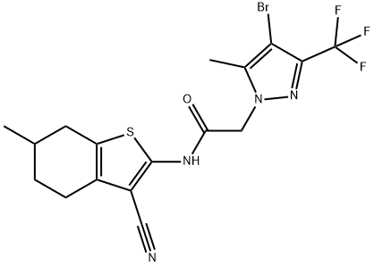 2-[4-bromo-5-methyl-3-(trifluoromethyl)-1H-pyrazol-1-yl]-N-(3-cyano-6-methyl-4,5,6,7-tetrahydro-1-benzothien-2-yl)acetamide,357611-63-3,结构式