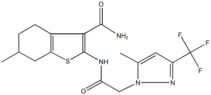 6-methyl-2-({[5-methyl-3-(trifluoromethyl)-1H-pyrazol-1-yl]acetyl}amino)-4,5,6,7-tetrahydro-1-benzothiophene-3-carboxamide Structure