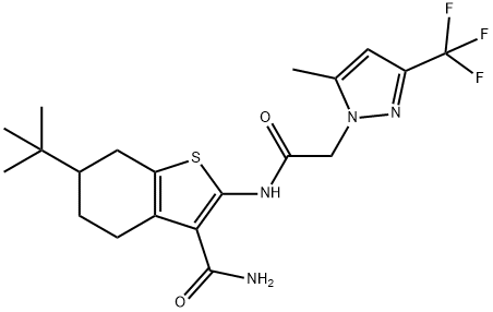 6-tert-butyl-2-({[5-methyl-3-(trifluoromethyl)-1H-pyrazol-1-yl]acetyl}amino)-4,5,6,7-tetrahydro-1-benzothiophene-3-carboxamide 化学構造式