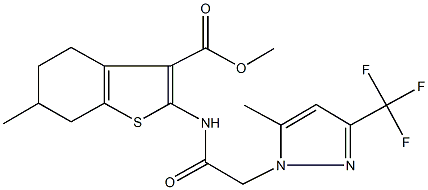 methyl 6-methyl-2-({[5-methyl-3-(trifluoromethyl)-1H-pyrazol-1-yl]acetyl}amino)-4,5,6,7-tetrahydro-1-benzothiophene-3-carboxylate 化学構造式