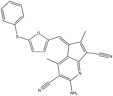 2-amino-4,6-dimethyl-5-{[5-(phenylsulfanyl)-2-furyl]methylene}-5H-cyclopenta[b]pyridine-3,7-dicarbonitrile Struktur