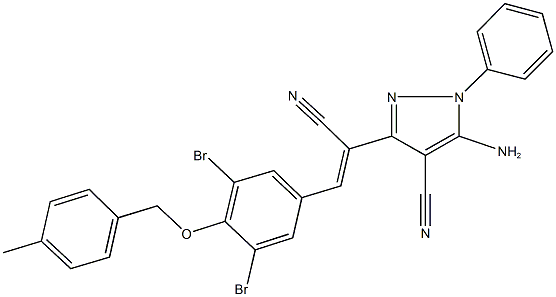 5-amino-3-(1-cyano-2-{3,5-dibromo-4-[(4-methylbenzyl)oxy]phenyl}vinyl)-1-phenyl-1H-pyrazole-4-carbonitrile Struktur