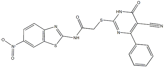 2-[(5-cyano-6-oxo-4-phenyl-1,6-dihydro-2-pyrimidinyl)sulfanyl]-N-{6-nitro-1,3-benzothiazol-2-yl}acetamide 结构式