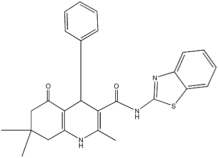 N-(1,3-benzothiazol-2-yl)-2,7,7-trimethyl-5-oxo-4-phenyl-1,4,5,6,7,8-hexahydroquinoline-3-carboxamide 化学構造式