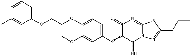 5-imino-6-{3-methoxy-4-[2-(3-methylphenoxy)ethoxy]benzylidene}-2-propyl-5,6-dihydro-7H-[1,3,4]thiadiazolo[3,2-a]pyrimidin-7-one Struktur