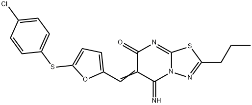 6-({5-[(4-chlorophenyl)sulfanyl]-2-furyl}methylene)-5-imino-2-propyl-5,6-dihydro-7H-[1,3,4]thiadiazolo[3,2-a]pyrimidin-7-one,361198-87-0,结构式
