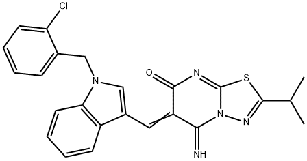 6-{[1-(2-chlorobenzyl)-1H-indol-3-yl]methylene}-5-imino-2-isopropyl-5,6-dihydro-7H-[1,3,4]thiadiazolo[3,2-a]pyrimidin-7-one 化学構造式