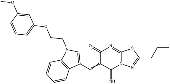 5-imino-6-({1-[2-(3-methoxyphenoxy)ethyl]-1H-indol-3-yl}methylene)-2-propyl-5,6-dihydro-7H-[1,3,4]thiadiazolo[3,2-a]pyrimidin-7-one,361200-88-6,结构式