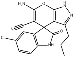 6-amino-5'-chloro-5-cyano-2'-oxo-3-propyl-1,1',3',4-tetrahydrospiro[pyrano[2,3-c]pyrazole-4,3'-(2'H)-indol] 化学構造式