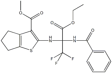 methyl 2-{[1-(benzoylamino)-1-(ethoxycarbonyl)-2,2,2-trifluoroethyl]amino}-5,6-dihydro-4H-cyclopenta[b]thiophene-3-carboxylate 化学構造式