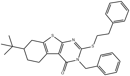 3-benzyl-7-tert-butyl-2-[(2-phenylethyl)sulfanyl]-5,6,7,8-tetrahydro[1]benzothieno[2,3-d]pyrimidin-4(3H)-one Struktur