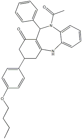 10-acetyl-3-(4-butoxyphenyl)-11-phenyl-2,3,4,5,10,11-hexahydro-1H-dibenzo[b,e][1,4]diazepin-1-one Struktur