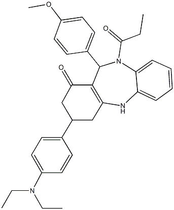 3-[4-(diethylamino)phenyl]-11-(4-methoxyphenyl)-10-propionyl-2,3,4,5,10,11-hexahydro-1H-dibenzo[b,e][1,4]diazepin-1-one Struktur