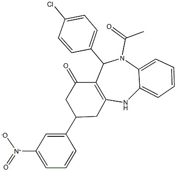 10-acetyl-11-(4-chlorophenyl)-3-{3-nitrophenyl}-2,3,4,5,10,11-hexahydro-1H-dibenzo[b,e][1,4]diazepin-1-one Structure