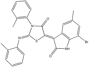 7-bromo-5-methyl-3-{3-(2-methylphenyl)-2-[(2-methylphenyl)imino]-4-oxo-1,3-thiazolidin-5-ylidene}-1,3-dihydro-2H-indol-2-one Struktur