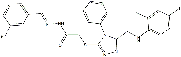 N'-(3-bromobenzylidene)-2-({5-[(4-iodo-2-methylanilino)methyl]-4-phenyl-4H-1,2,4-triazol-3-yl}sulfanyl)acetohydrazide 化学構造式