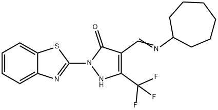 2-(1,3-benzothiazol-2-yl)-4-[(cycloheptylimino)methyl]-5-(trifluoromethyl)-1,2-dihydro-3H-pyrazol-3-one Structure