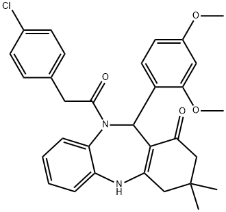 10-[(4-chlorophenyl)acetyl]-11-(2,4-dimethoxyphenyl)-3,3-dimethyl-2,3,4,5,10,11-hexahydro-1H-dibenzo[b,e][1,4]diazepin-1-one Struktur