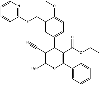 ethyl 6-amino-5-cyano-4-{4-methoxy-3-[(2-pyridinylsulfanyl)methyl]phenyl}-2-phenyl-4H-pyran-3-carboxylate Structure