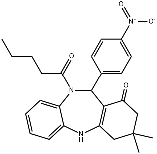 11-{4-nitrophenyl}-3,3-dimethyl-10-pentanoyl-2,3,4,5,10,11-hexahydro-1H-dibenzo[b,e][1,4]diazepin-1-one Struktur