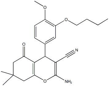 2-amino-4-(3-butoxy-4-methoxyphenyl)-7,7-dimethyl-5-oxo-5,6,7,8-tetrahydro-4H-chromene-3-carbonitrile Struktur