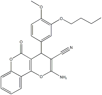 2-amino-4-(3-butoxy-4-methoxyphenyl)-5-oxo-4H,5H-pyrano[3,2-c]chromene-3-carbonitrile Struktur