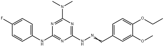 4-ethoxy-3-methoxybenzaldehyde [4-(dimethylamino)-6-(4-fluoroanilino)-1,3,5-triazin-2-yl]hydrazone 化学構造式