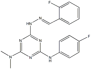 2-fluorobenzaldehyde [4-(dimethylamino)-6-(4-fluoroanilino)-1,3,5-triazin-2-yl]hydrazone 化学構造式