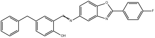 4-benzyl-2-({[2-(4-fluorophenyl)-1,3-benzoxazol-5-yl]imino}methyl)phenol Struktur
