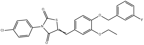 3-(4-chlorophenyl)-5-{3-ethoxy-4-[(3-fluorobenzyl)oxy]benzylidene}-1,3-thiazolidine-2,4-dione 化学構造式