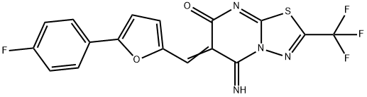 6-{[5-(4-fluorophenyl)-2-furyl]methylene}-5-imino-2-(trifluoromethyl)-5,6-dihydro-7H-[1,3,4]thiadiazolo[3,2-a]pyrimidin-7-one 化学構造式