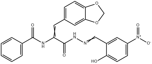 N-{2-(1,3-benzodioxol-5-yl)-1-[(2-{2-hydroxy-5-nitrobenzylidene}hydrazino)carbonyl]vinyl}benzamide Struktur
