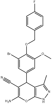 6-amino-4-{3-bromo-4-[(4-fluorobenzyl)oxy]-5-methoxyphenyl}-3-methyl-1,4-dihydropyrano[2,3-c]pyrazole-5-carbonitrile Structure