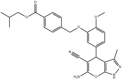 isobutyl 4-{[5-(6-amino-5-cyano-3-methyl-1,4-dihydropyrano[2,3-c]pyrazol-4-yl)-2-methoxyphenoxy]methyl}benzoate Struktur