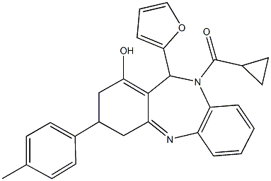 10-(cyclopropylcarbonyl)-11-(2-furyl)-3-(4-methylphenyl)-3,4,10,11-tetrahydro-2H-dibenzo[b,e][1,4]diazepin-1-ol 化学構造式