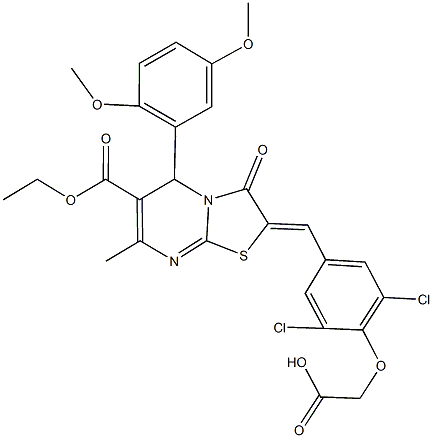 {2,6-dichloro-4-[(5-(2,5-dimethoxyphenyl)-6-(ethoxycarbonyl)-7-methyl-3-oxo-5H-[1,3]thiazolo[3,2-a]pyrimidin-2(3H)-ylidene)methyl]phenoxy}acetic acid Struktur