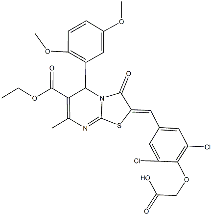 {2,6-dichloro-4-[(5-(2,5-dimethoxyphenyl)-6-(ethoxycarbonyl)-7-methyl-3-oxo-5H-[1,3]thiazolo[3,2-a]pyrimidin-2(3H)-ylidene)methyl]phenoxy}acetic acid 化学構造式